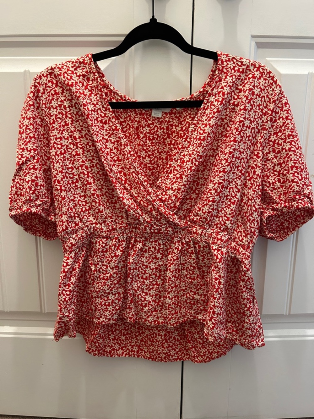 Boden Red and White Printed Peplum Blouse